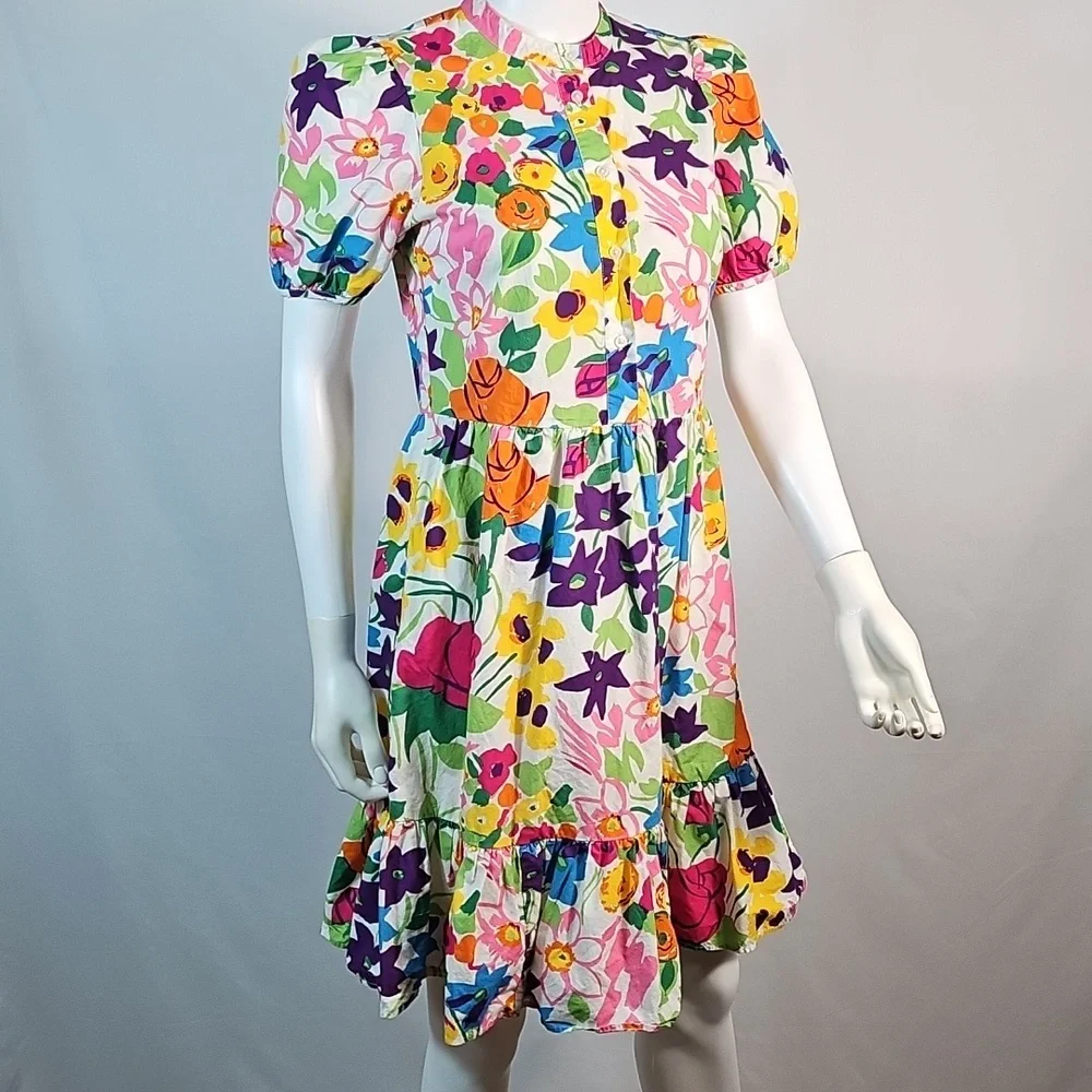 J. Crew 100% Cotton Vibrant Multi-Color Floral Puff Sleeve Ruffle Hem Dress - Picture 4 of 16